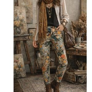 Peruvian Connection Womens Wearable Art Floral Pants Size 8 Art Teacher Chic